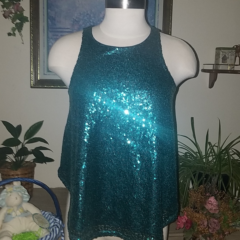 Top, Rue 21 Emerald Green Sequined Tank Top